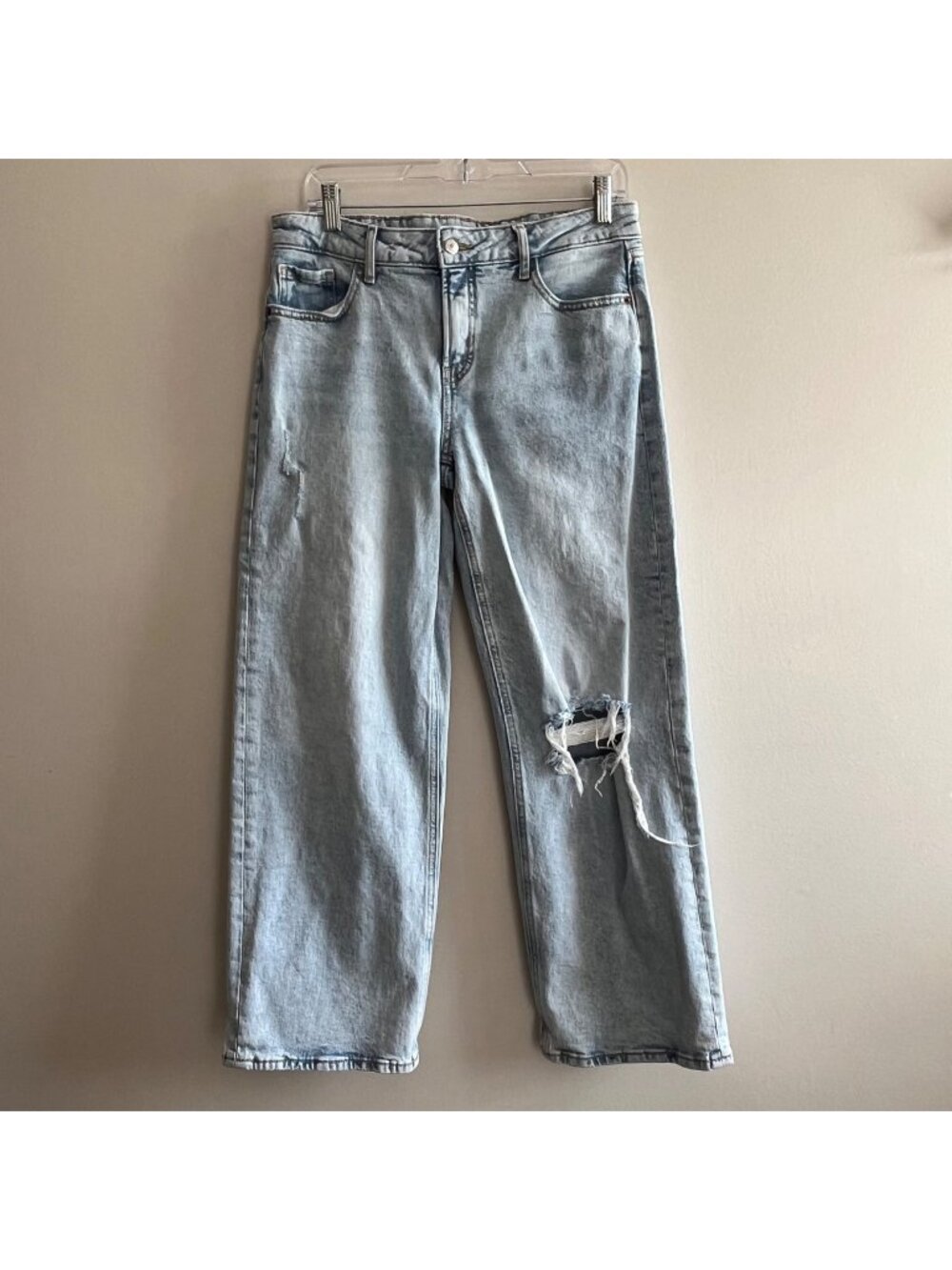 Old Navy Wide Leg Jeans Womens 10P Mid Rise Light Wash Distressed Stretch